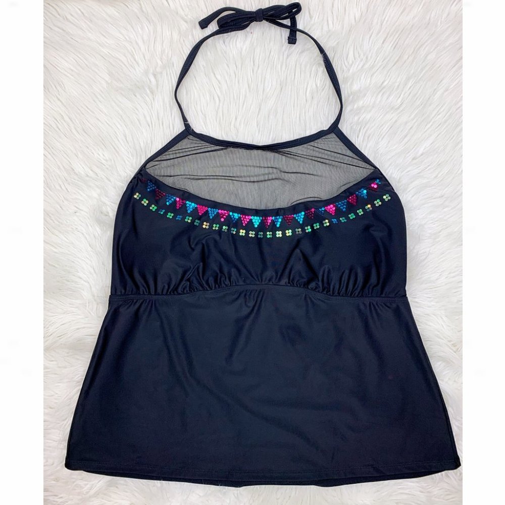 Plus Size Mesh Yoke Sequin Embellished Tankini Top - Picture 3 of 9